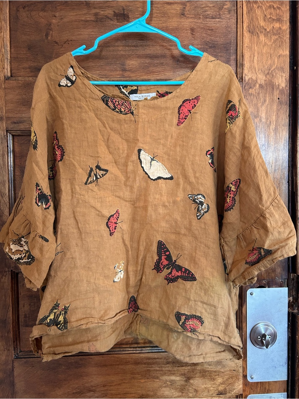 Viola Borghi Brown Linen Scoop Neck Top with Butterfly Print
